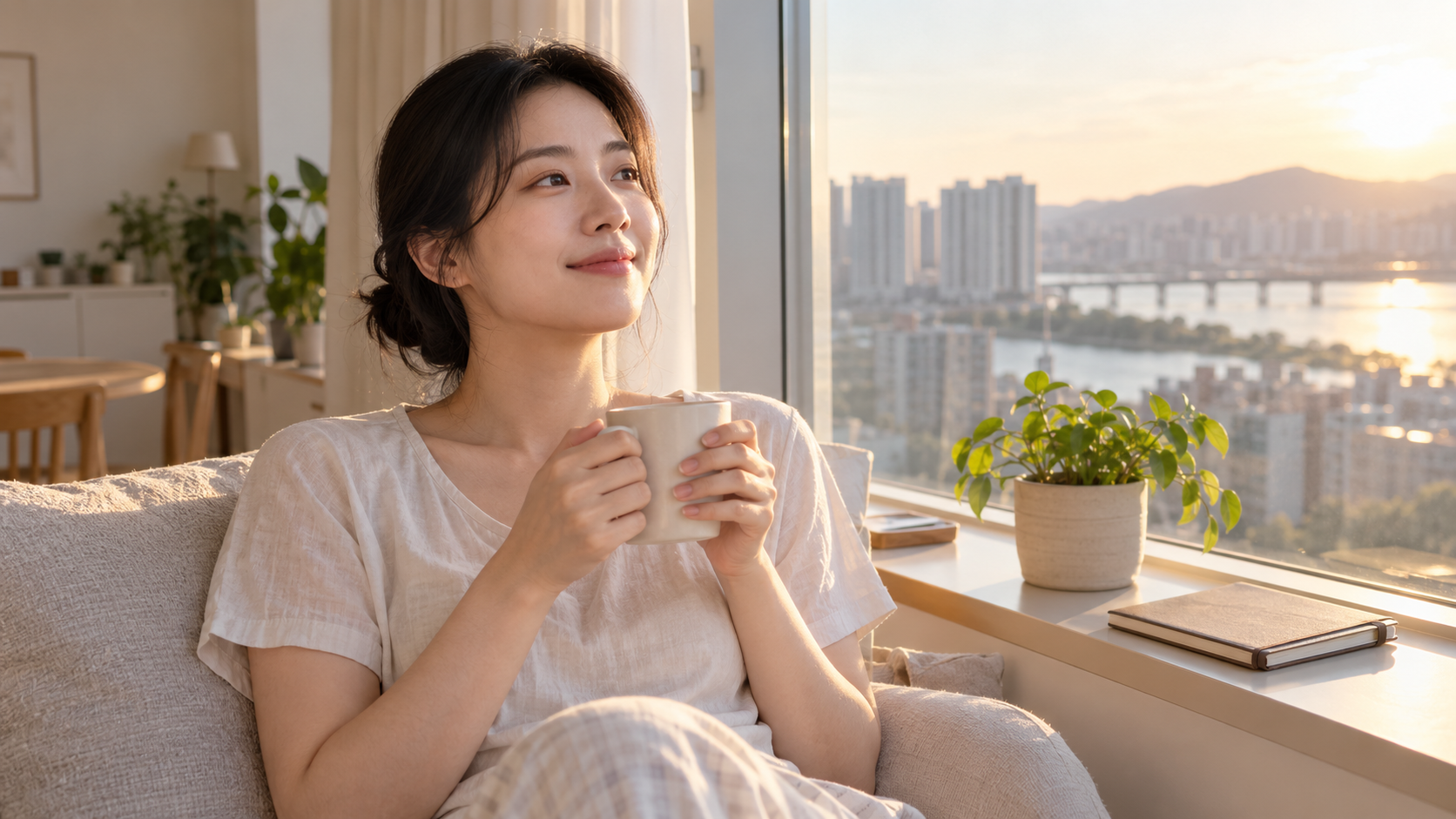 대출 정리 끝내고 창가에서 여유롭게 커피 마시는 모습
