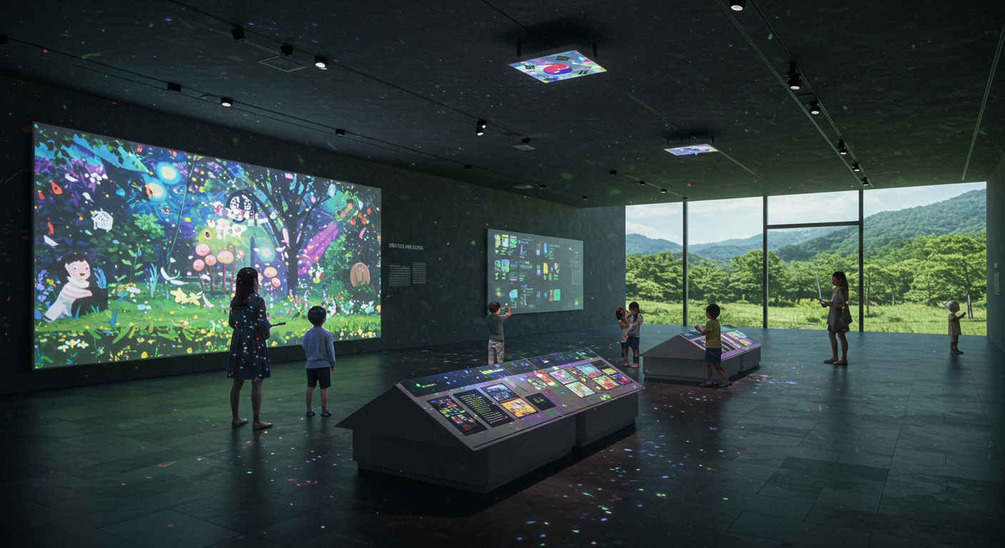 원주 뮤지엄 산 미디어아트관에서 아이들이 작품을 감상하는 모습