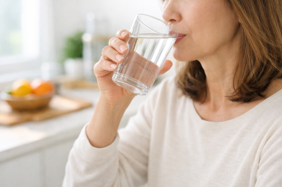 수분을 섭취하는 중년 여성의 사진