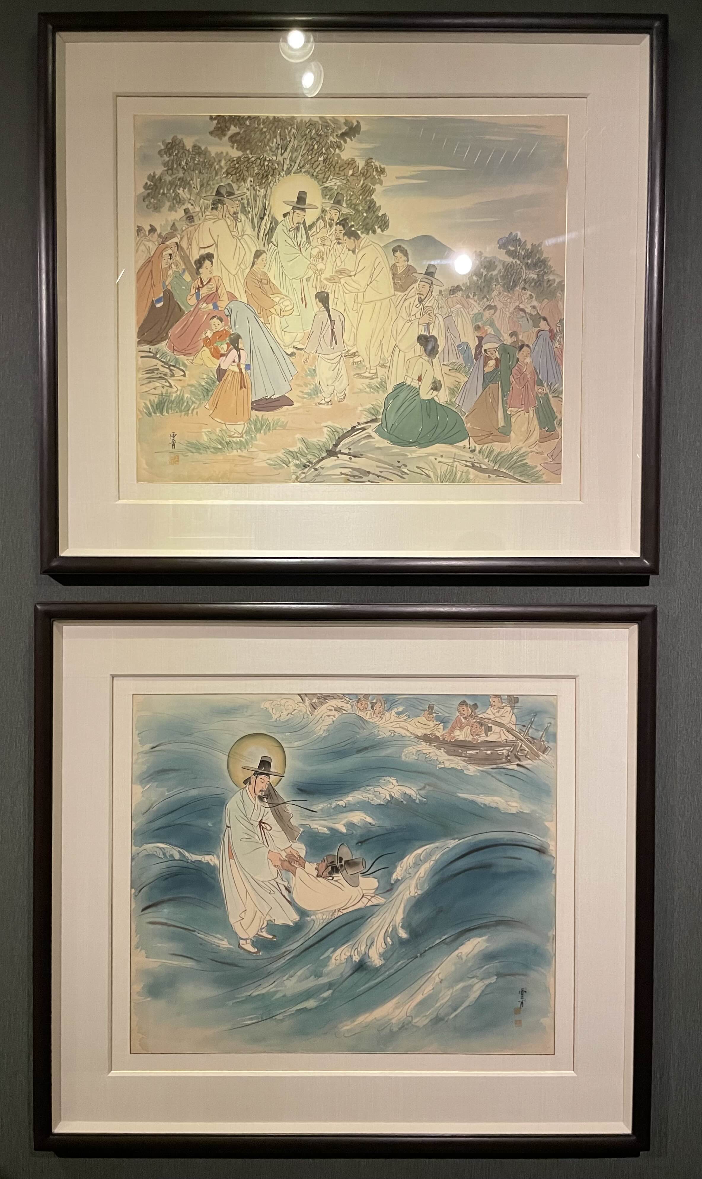김기창 - 예수의 생애 : 13. 오천인을 먹임, 14. 물위를 걷다. (1952-1952, 비단에 채색)