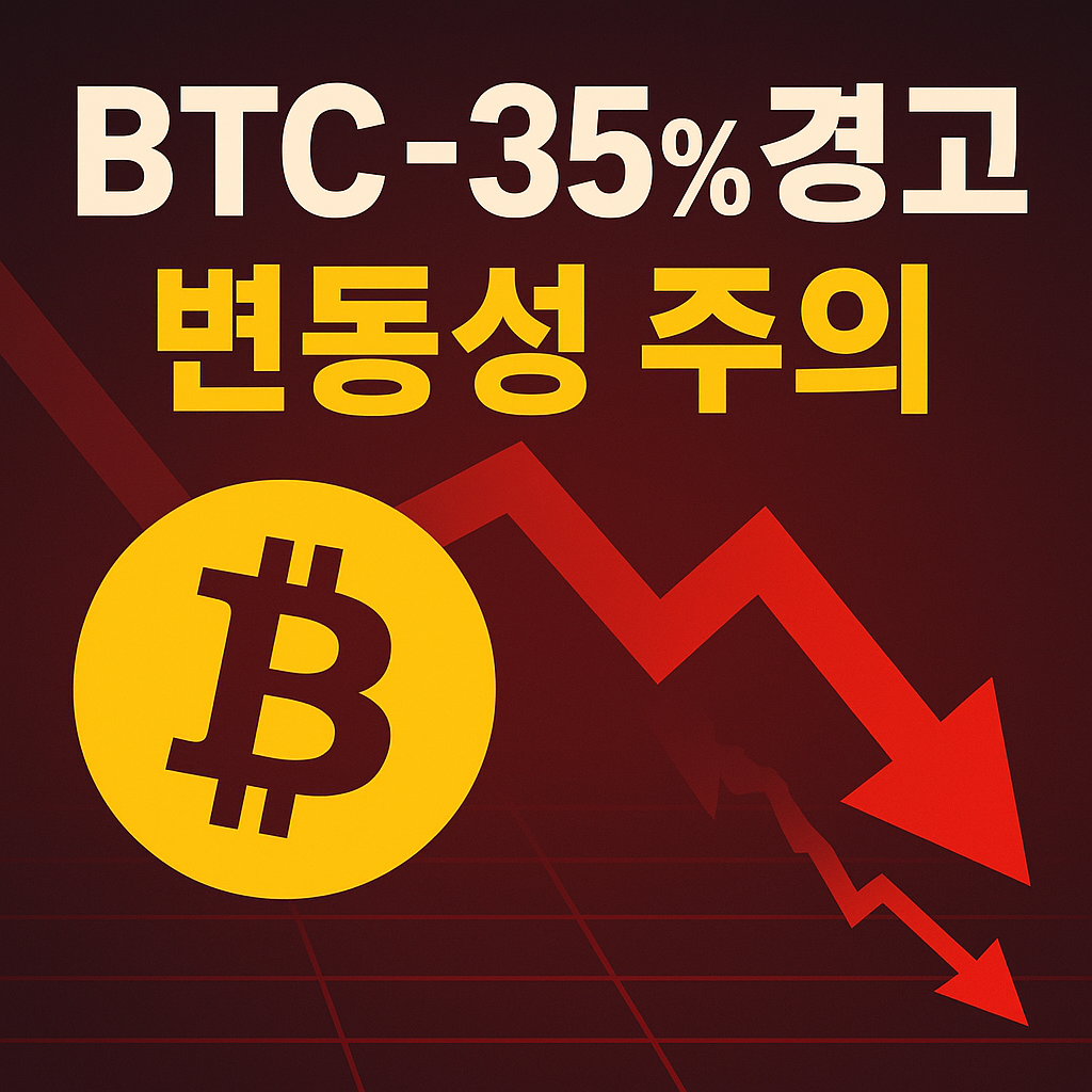 “비트코인 폭락 경고: 빨간 화살표 아래로 향하는 비트코인 로고 그래픽”
