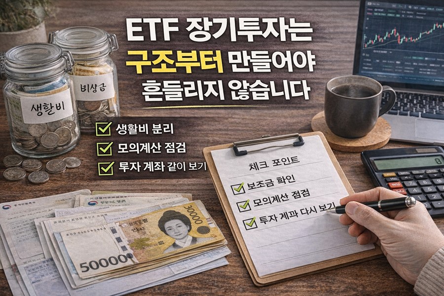 2026 ETF 장기투자 전략을 위해 생활비, 비상자금, 투자계좌를 나누는 투자 구조를 한눈에 보여주는 이미지