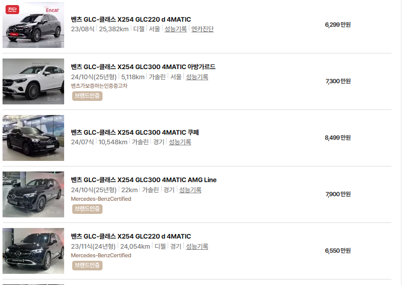 벤츠 GLC 클래스 중고차 가격 시세표 유지비