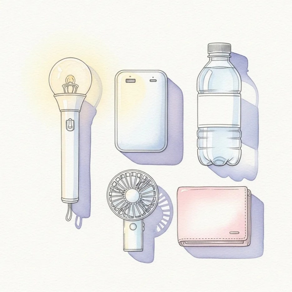 콘서트 관람에 필요한 필수 준비물들이 가지런히 놓여있는 모습