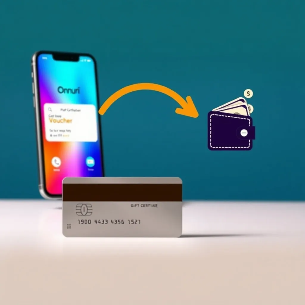 신용카드 한 장이 스마트폰 화면 속 디지털 온누리상품권으로 변환되는 모습을 시각적으로 표현합니다. 돈이 지갑으로 돌아오는 듯한 화살표와 함께 환급의 개념을 직관적으로 보여줍니다.