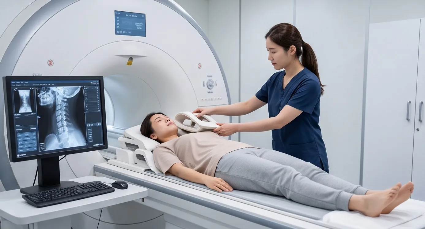 MRI 검사 기기에서 환자의 경추 X-ray 및 정밀 정밀검사를 준비하는 의료진