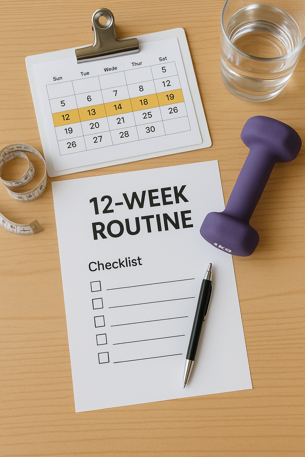 12주 루틴 체크리스트와 캘린더, 덤벨, 줄자 — 체지방 관리 계획 수립 장면