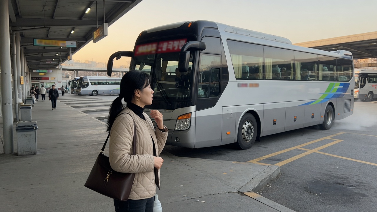 터미널 밖에서 버스를 보는 장면