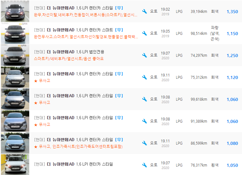 더 뉴 아반떼AD 1.6 LPI 등급 중고차 시세 : 1,000만원 ~ 1,540만원