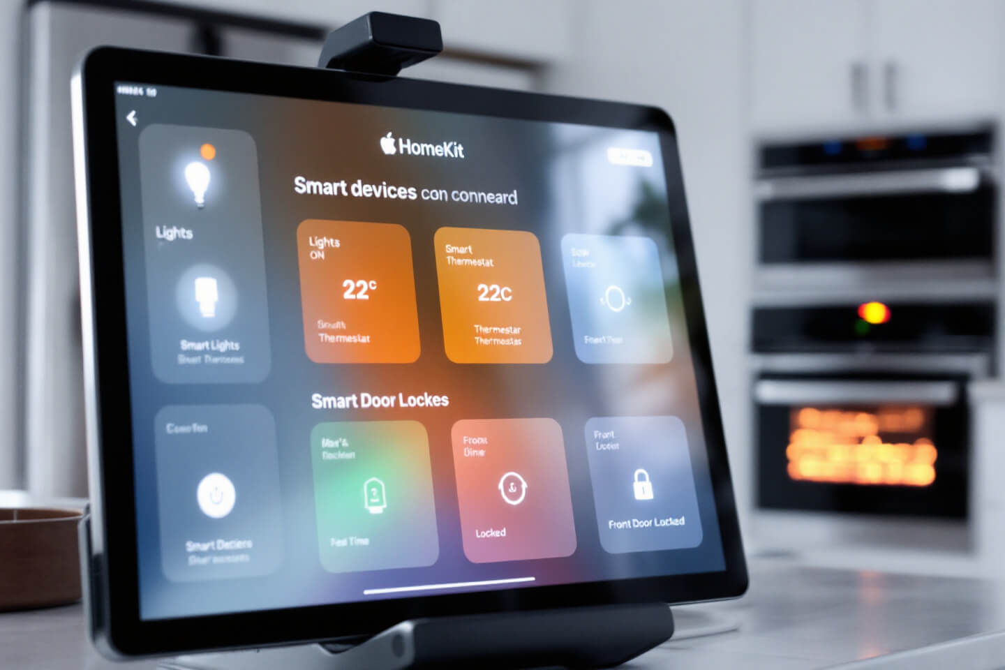 세련된 주방에 위치한 스마트 디스플레이 화면. 화면에는 홈킷 통합 대시보드가 표시되며, 조명, 온도, 도어락과 같은 스마트 기기 상태를 모니터링하고 있습니다