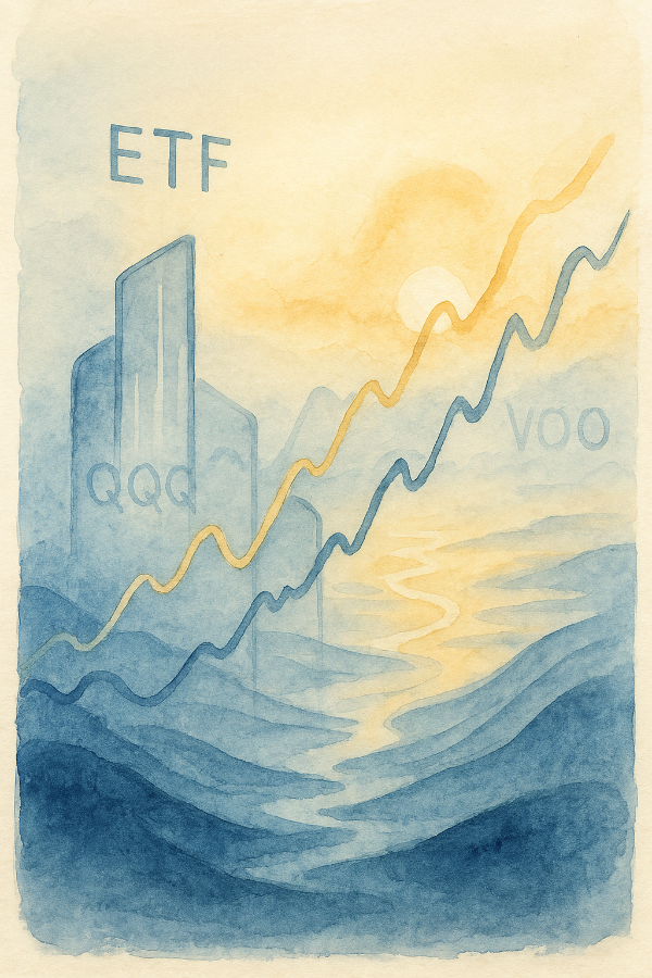 2025년 ETF 투자 일러스트 – QQQ·VOO를 상징하는 수채화 그래프와 따뜻한 새벽빛이 어우러진 이미지, 안정적인 금융 성장과 투자 흐름을 표현