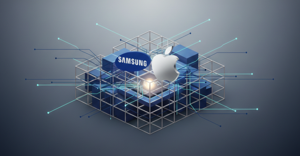 "푸른색 격자 구조물 안에 배치된 삼성과 애플 로고가 회로선으로 연결되어 기술 협업과 AI 정책의 조화를 상징하는 현대적인 미니멀 일러스트."