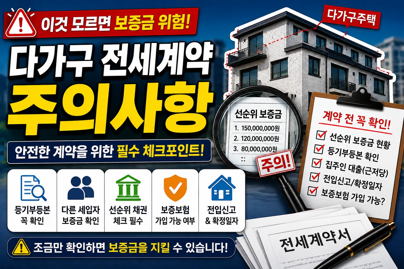 다가구 전세계약 시 보증금 위험 요소와 체크포인트를 설명하는 전세사기 예방 썸네일