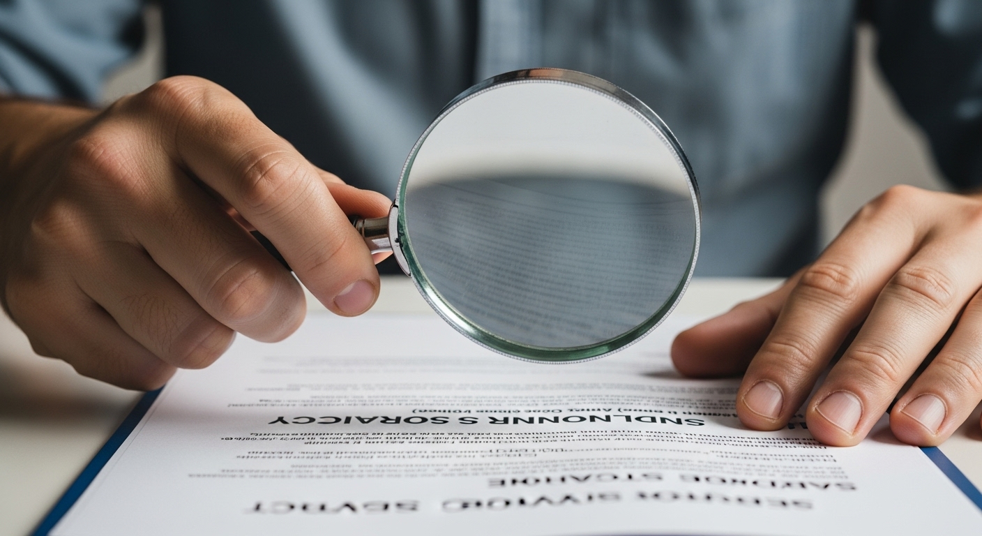 포장이사 계약서를 돋보기로 꼼꼼하게 검토하는 모습. 추가 비용 및 보험 항목이 보인다.