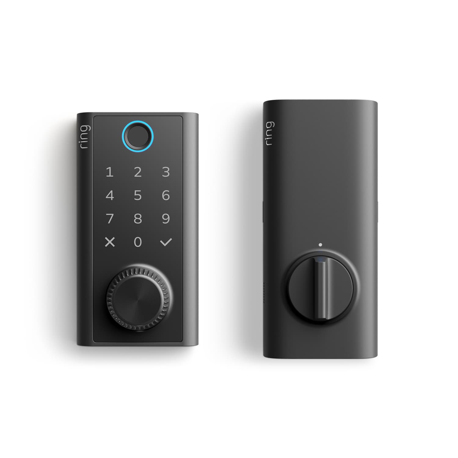 검은색 Ring Smart Lock의 외부 키패드와 실내측 손잡이