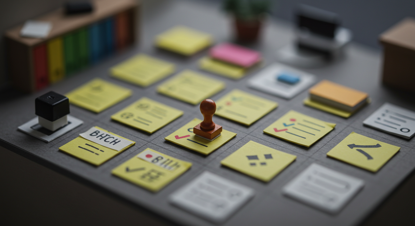 미니어처 메모지와 스탬프, 체크 표시 소품으로 꿀팁을 표현한 틸트쉬프트 아이콘 이미지