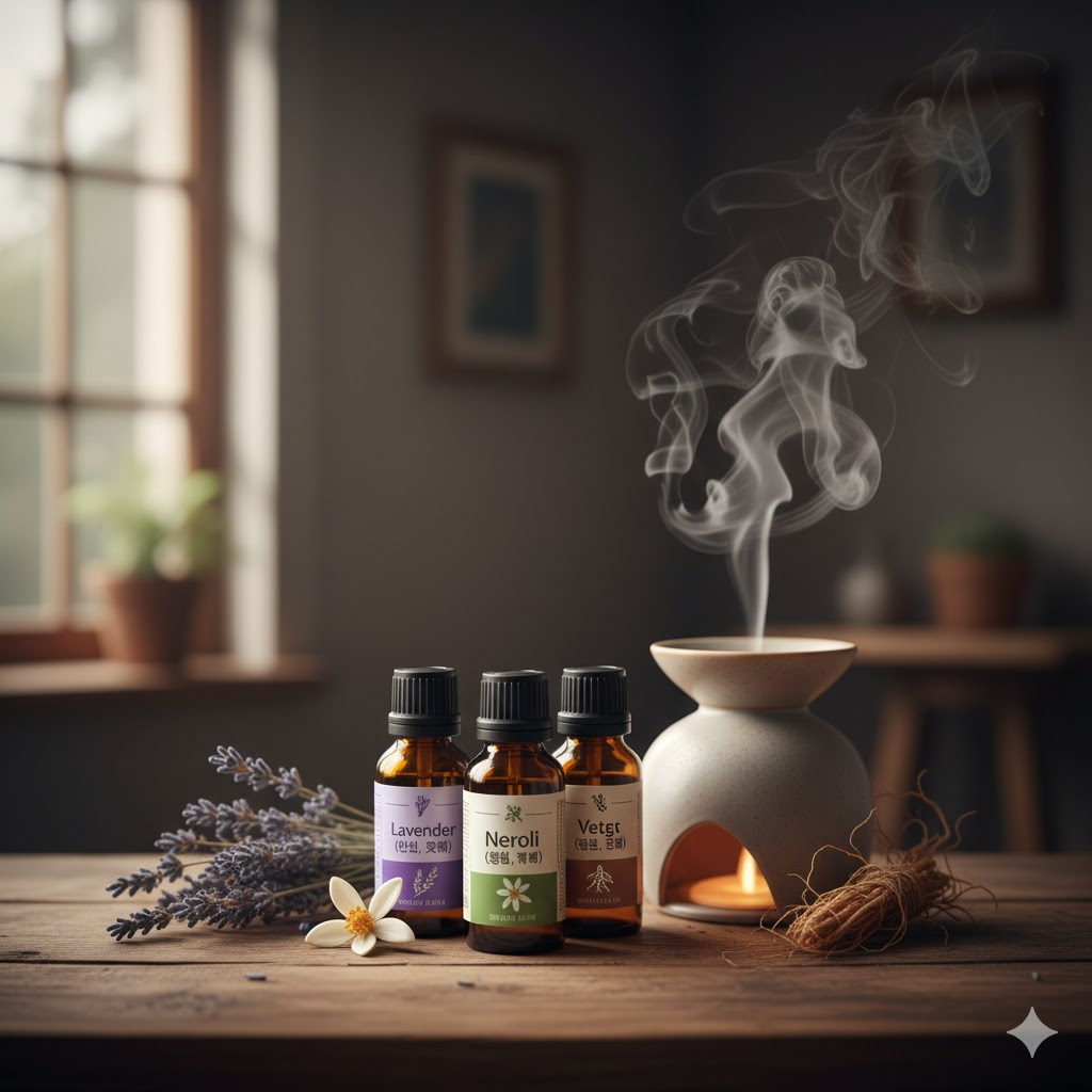 라벤더 네롤리 베티버 에센셜 오일 심신 안정 불면증 아로마