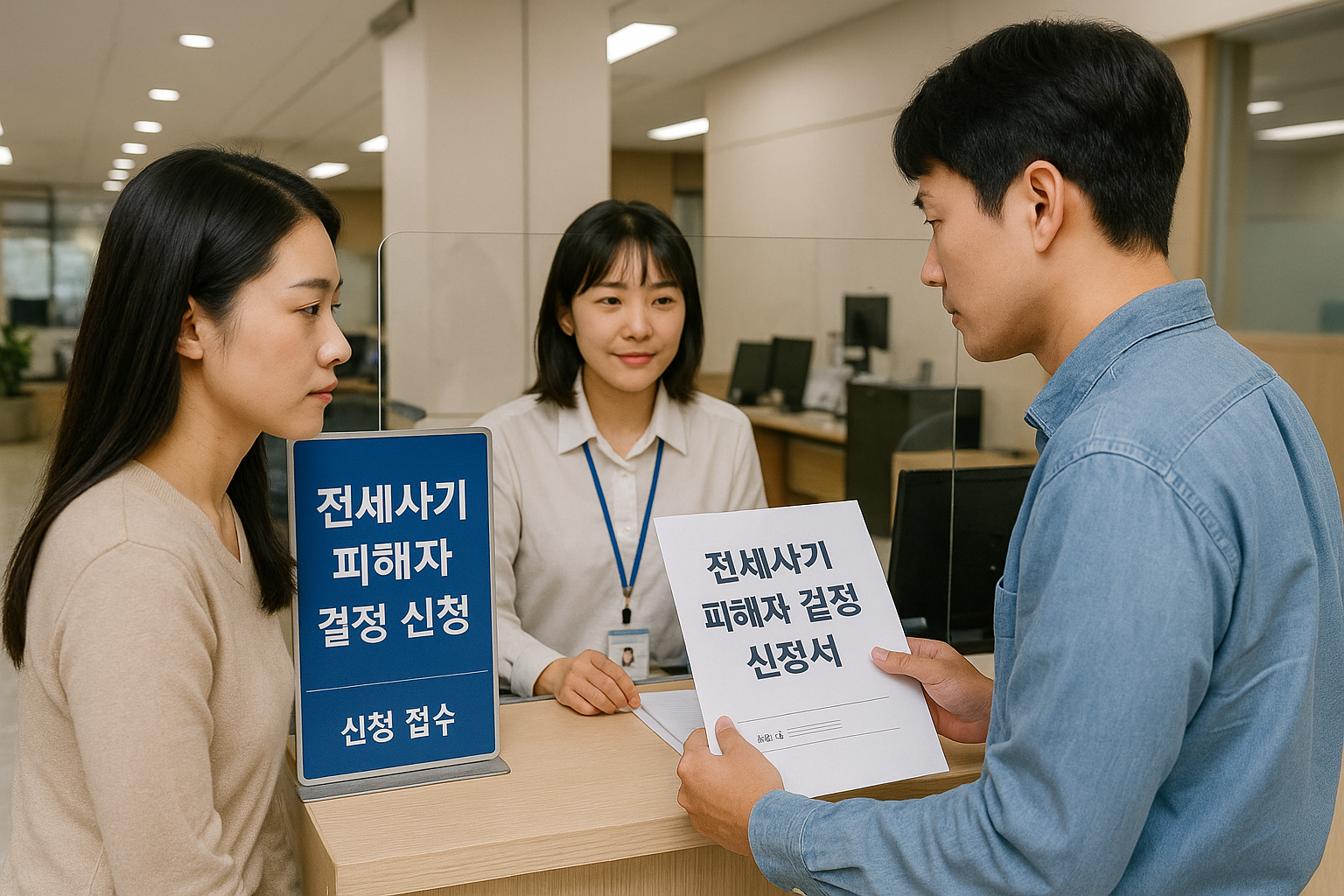 전세사기 피해자 결정 신청을 시청 방문하여 신청하는 젊은 부부