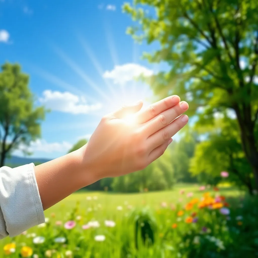 어른의 손과 아이의 손이 서로 맞잡고 있는 모습. 배경에는 깨끗한 자연 풍경이 펼쳐져 있으며, 손 사이로 빛이 새어 나와 희망적인 분위기를 연출합니다.
