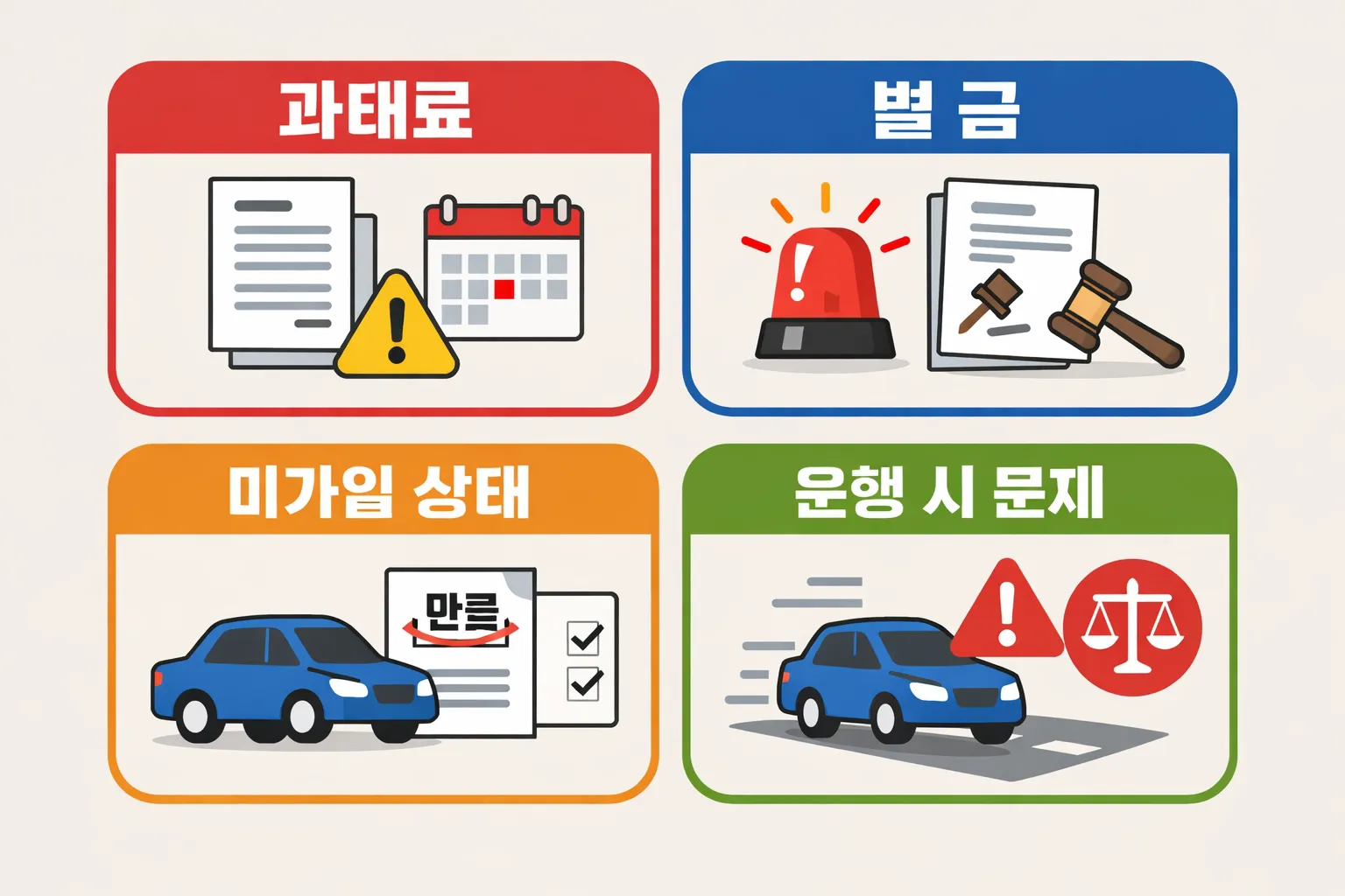 자동차 책임보험 벌금과 과태료의 적용 상황, 미가입 상태와 운행 시 문제가 어떻게 달라지는지 비교하도록 정리한 이미지