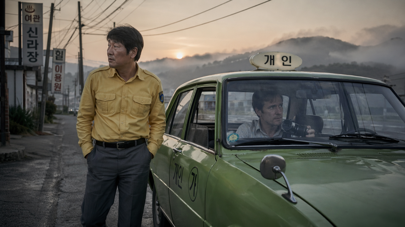 새벽빛이 감도는 길가에 멈춘 오래된 택시 옆에서 기사가 서 있고 차 안의 외국인 기자가 창밖을 보는 장면