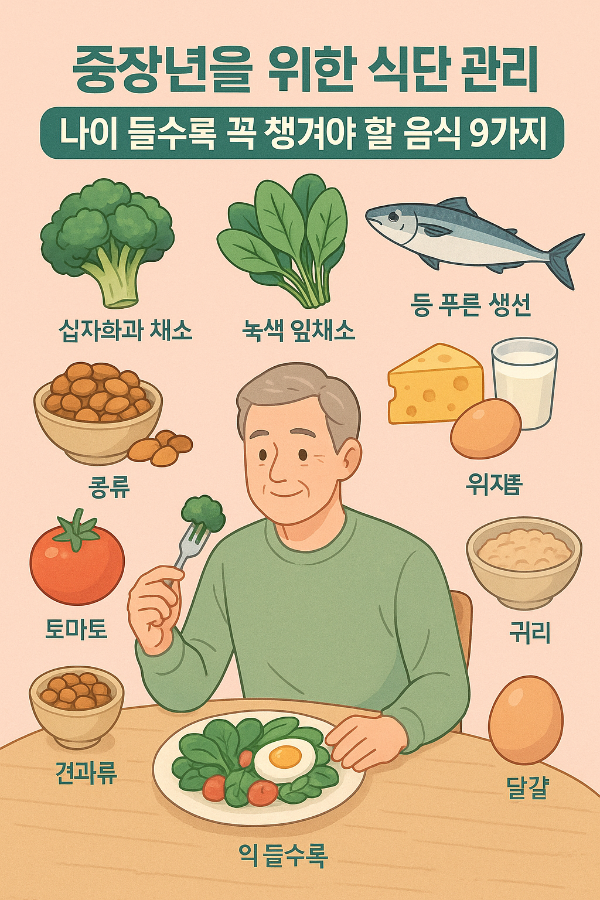 나이가 들수록 신체의 자연스러운 노화로 인해 면역력 저하, 근육 감소, 인지 기능 저하 등이 발생합니다. 이런 변화를 완화하고 건강한 노년을 맞이하기 위해서는 식단 관리가 핵심입니다. 본 포스팅에서는 미국 건강 전문지 ‘웹엠디’에서 제안한 중장년층이 꼭 챙겨 먹어야 할 건강 식품 9가지를 소개합니다. 식이섬유가 풍부한 채소부터 뇌 건강을 위한 생선, 항산화 효과가 뛰어난 블루베리와 붉은색 식품까지 다양한 음식을 소개하며, 각 식품이 신체에 미치는 이로운 영향을 과학적으로 풀어냅니다. 중장년층의 영양 불균형을 개선하고 활력 넘치는 삶을 위한 식단 구성을 제안합니다.