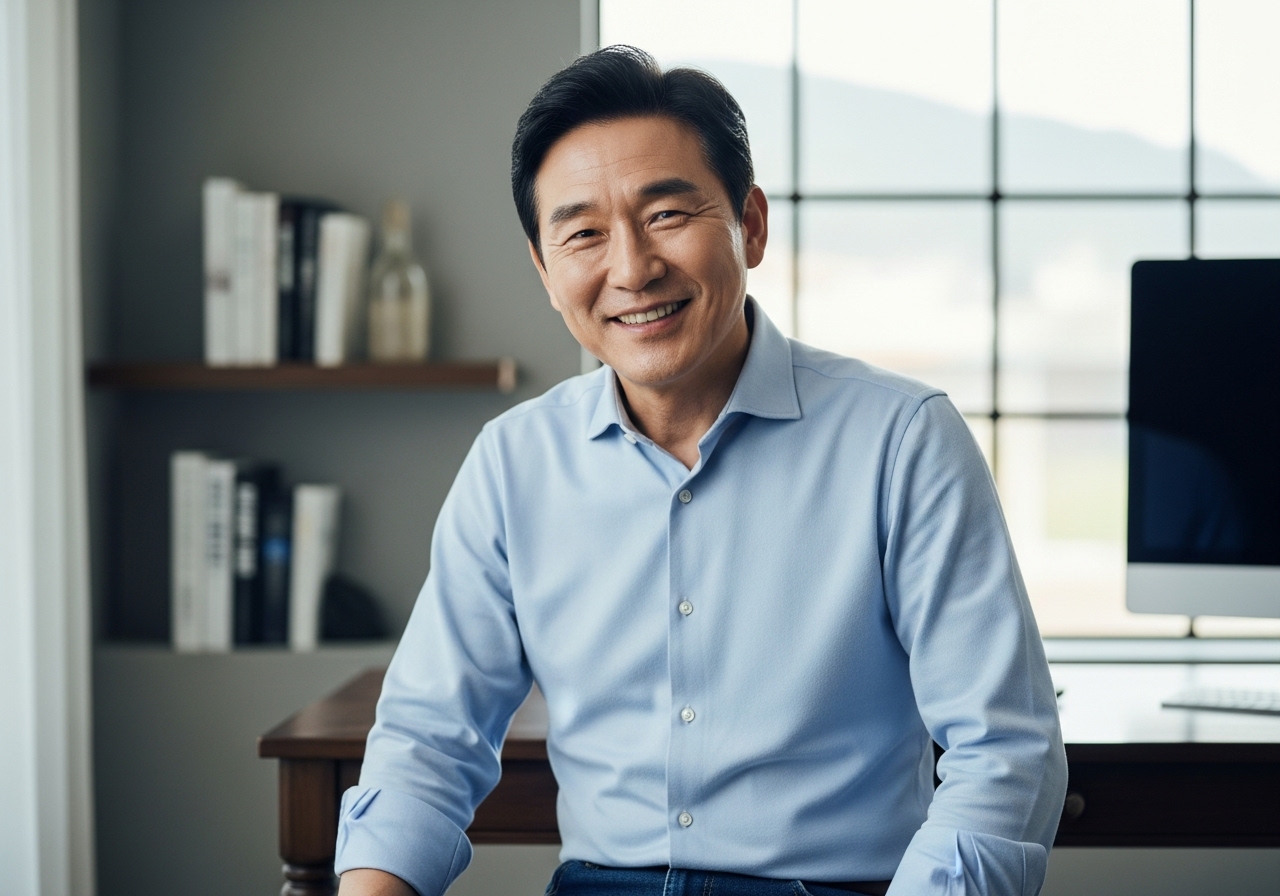 Korean man in his 50s smiling in home office