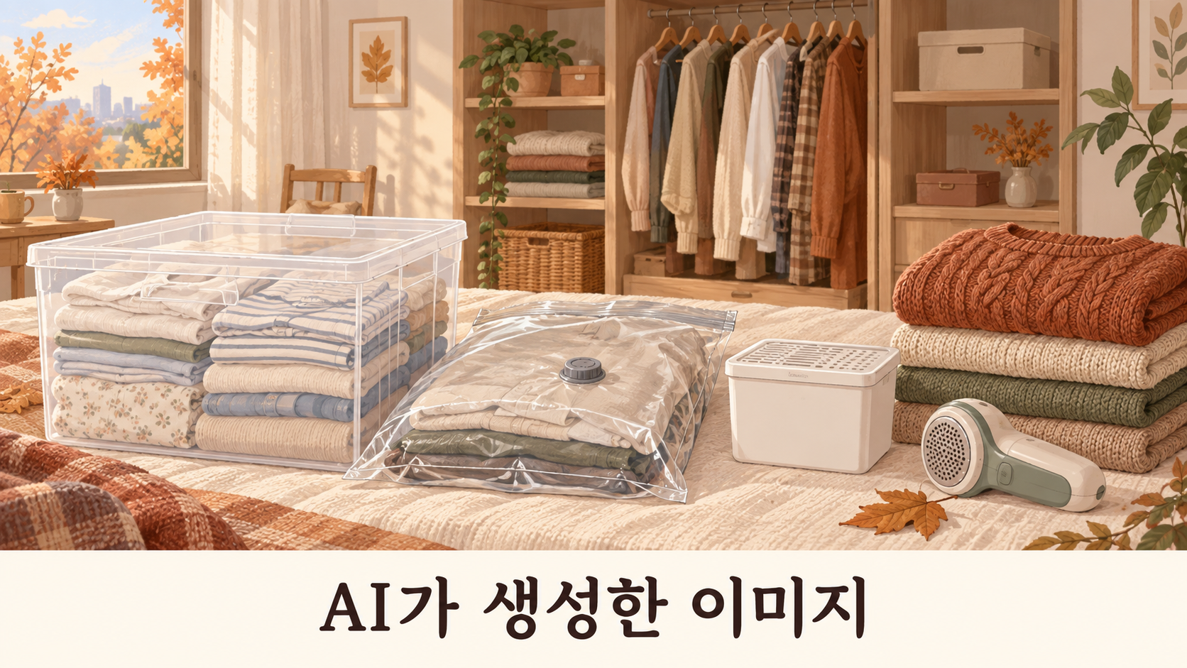 가을 옷장 정리를 위한 수납함, 압축팩, 제습제와 보풀제거기를 표현한 AI 생성 일러스트. 실제 상품 사진이 아닙니다.