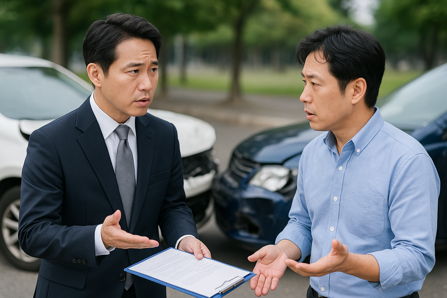 자동차 사고현장 보험사 직원과 대화나누는 모습