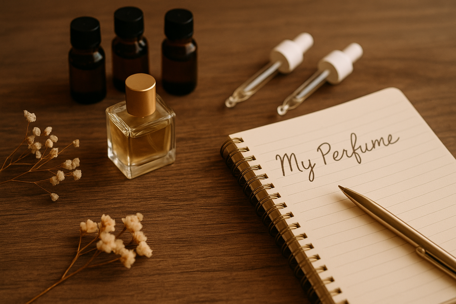 나무 테이블 위에 놓인 노트북 메모장 ‘My Perfume’, 금빛 펜, 앰버 글라스 향료 병 3개, 드로퍼, 드라이 플라워가 부드러운 따뜻한 조명 아래 놓여 있는 사진 같은 썸네일