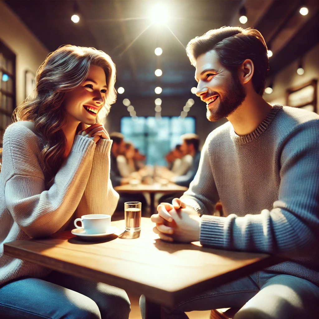 레스토랑에서 커플이 자연스럽게 웃으며 대화하는 장면 (소통의 중요성 강조)