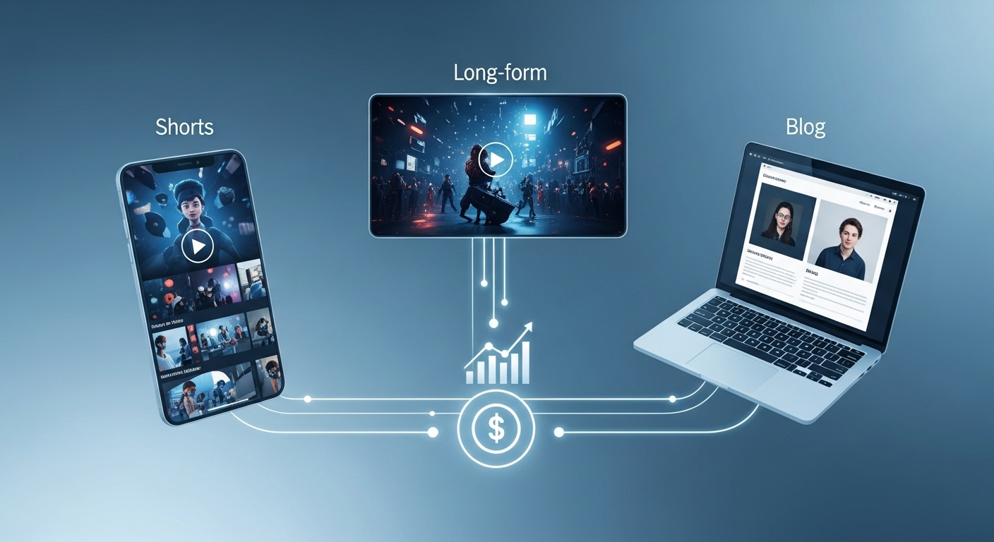 쇼츠, 롱폼, 블로그 콘텐츠가 유기적으로 연결되어 수익을 창출하는 2025년 통합 콘텐츠 파이프라인 개념도