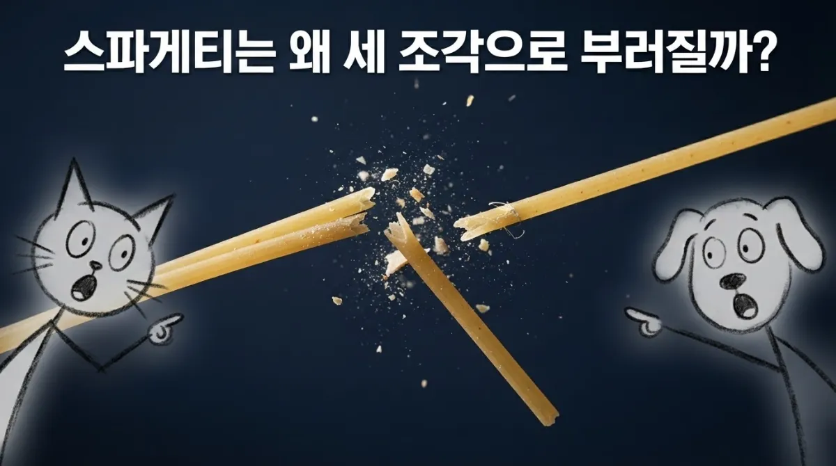 신비로운 스파게티 면이 세 조각으로 부러지는 결정적 순간을 포착한 초고속 접사 매크로 사진. 짙은 남색 배경 위 파편과 미세 먼지가 공중에 부유하며, 귀여운 손그림 스틱 캣과 스틱 독 캐릭터가 놀란 표정으로 부러지는 광경을 가리키고 있음.