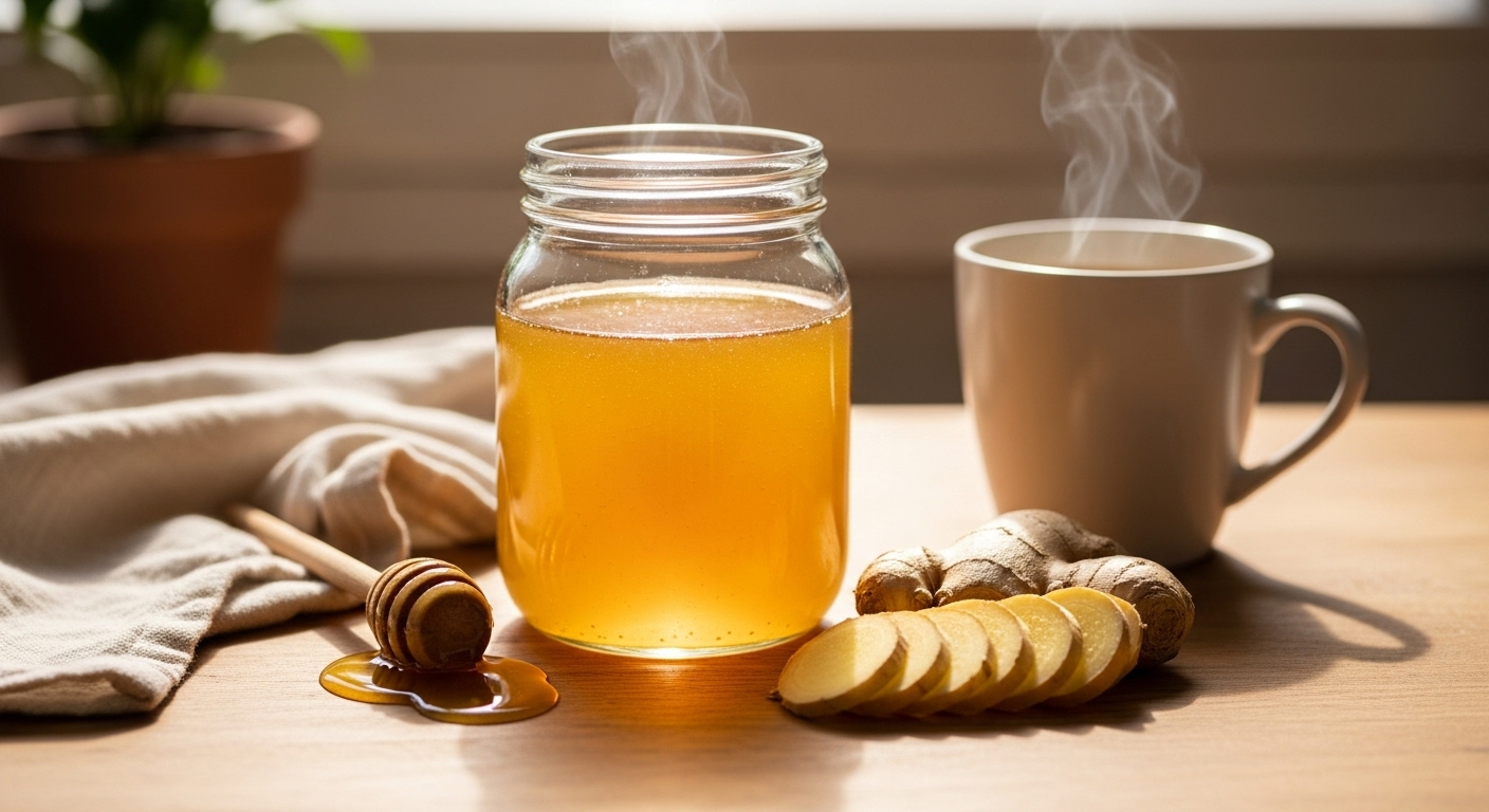 따뜻하고 아늑한 분위기에서 갓 만든 황금빛 꿀생강청 유리병과 신선한 생강, 따뜻한 생강차가 놓여 있는 모습.
