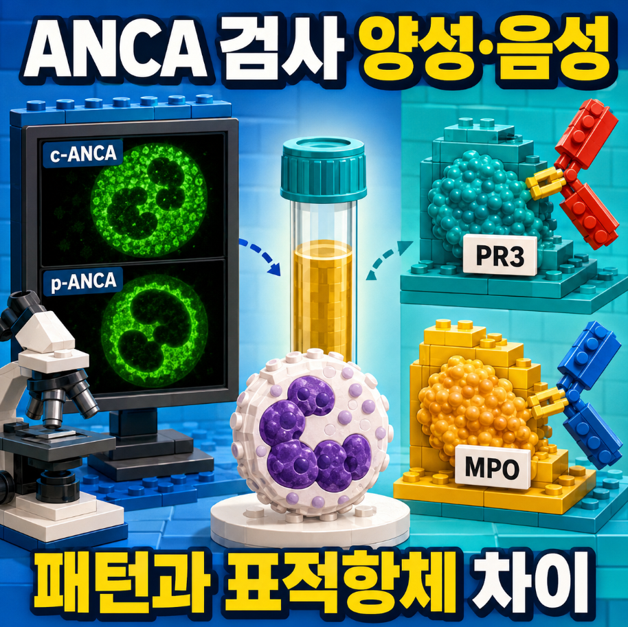 ANCA 검사 양성&middot;음성과 c-ANCA&middot;p-ANCA 형광 패턴 및 PR3&middot;MPO 표적항체 차이를 비교한 의료 인포그래픽