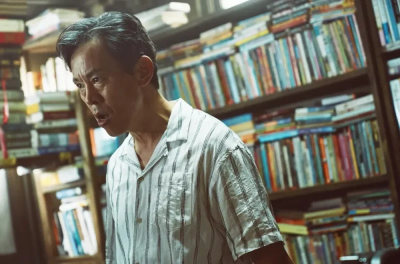 책방을 배경으로 반팔 티셔츠를 입고 있는 드라마 무빙의 전영석 캐릭터