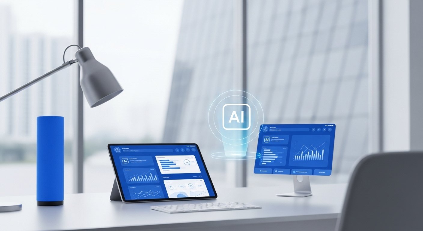 다양한 AI 비서 솔루션들이 통합된 현대적이고 미니멀한 업무 공간.