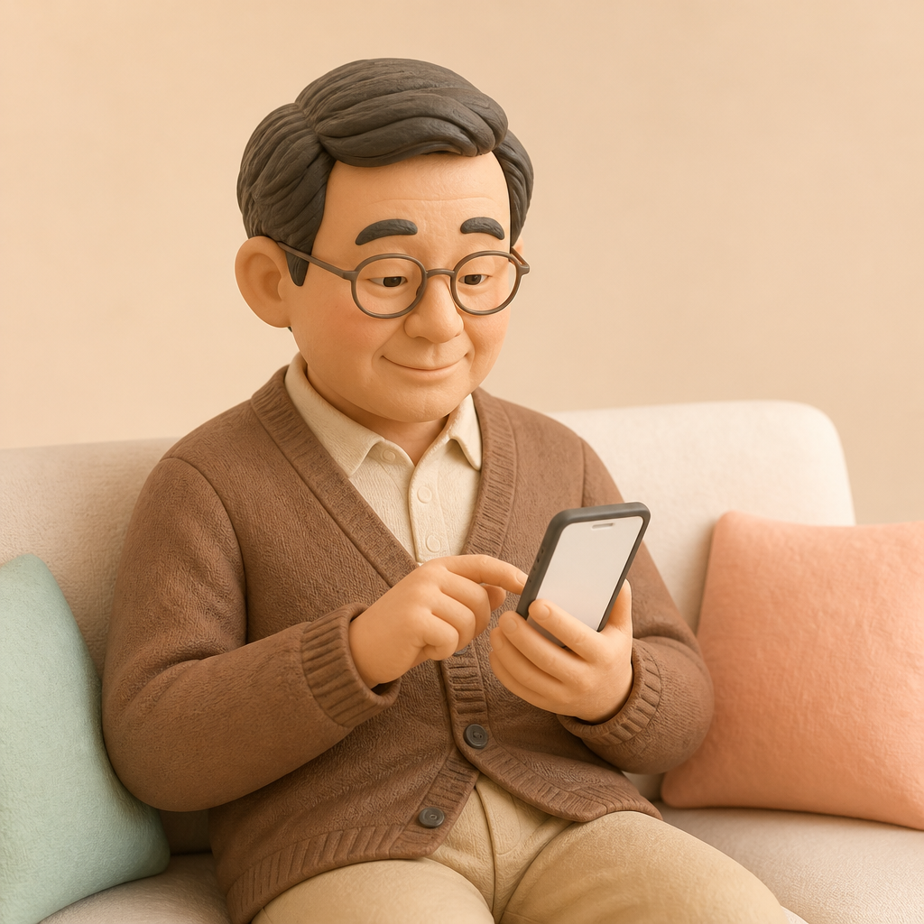 소파에 앉아 휴대폰으로 집주인에게 문자를 쓰는 50대 남성