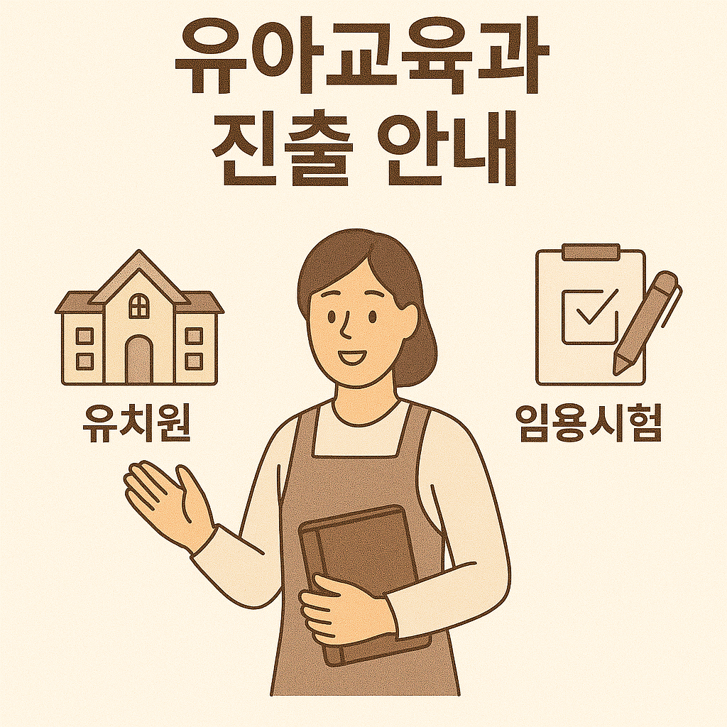 유아교육과 진출 안내 포스터로, 베이지 배경에 유치원, 보육교사, 임용시험을 강조한 일러스트. 기존 스타일과 달리 라인 중심의 단순화된 표현으로 구성