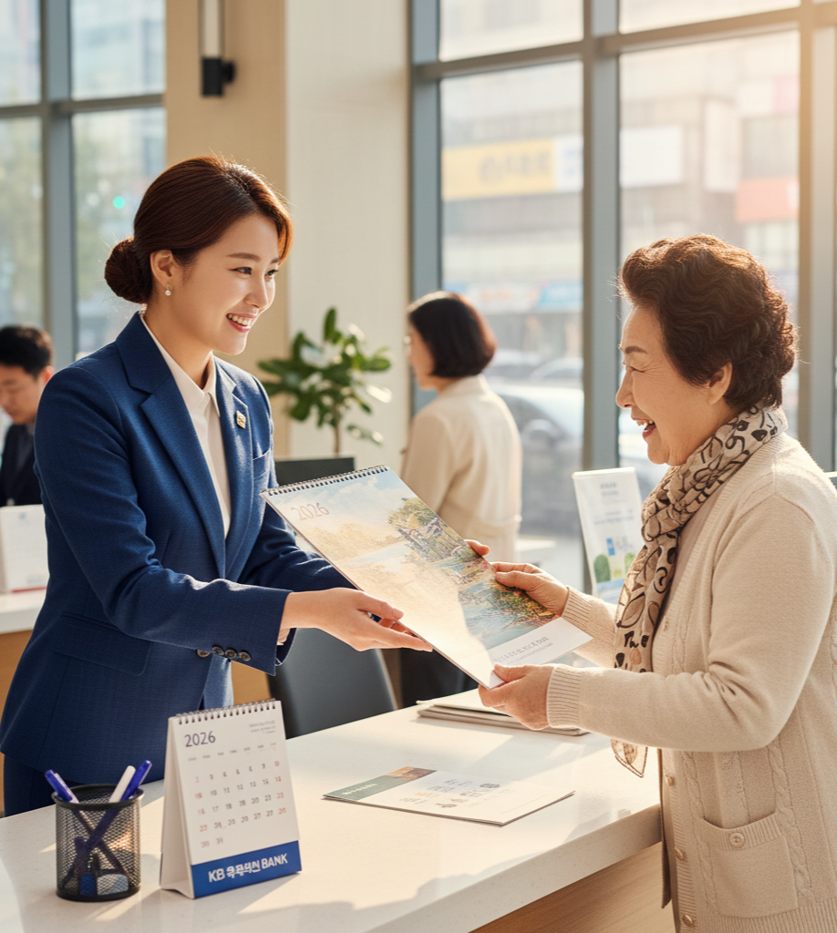 은행 직원이 고객에게 2026년 벽걸이 달력을 웃으며 건네는 모습. 은행 달력 수령 성공 전략 이미지.