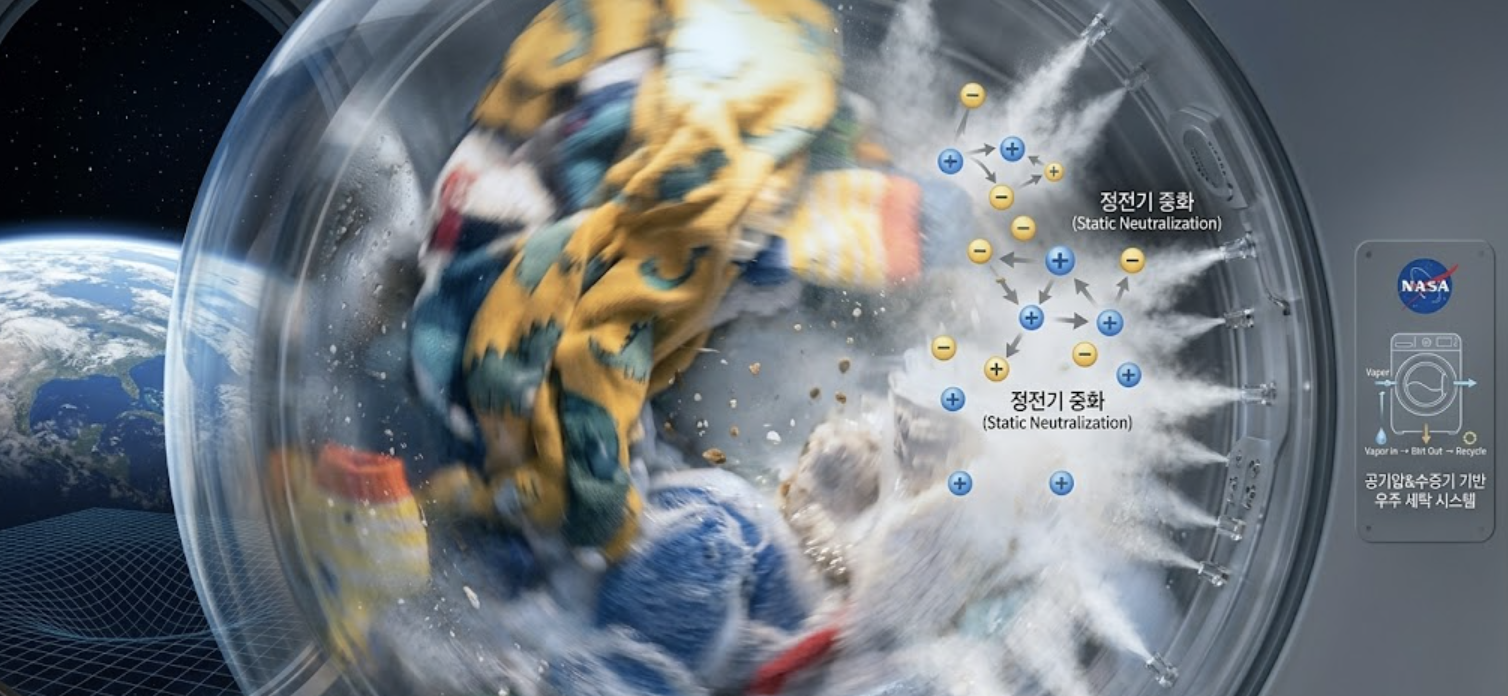 지구의 중력 세탁 방식과 대비되는 NASA의 공기역학 및 수증기 기반 우주 세탁 시스템 시각화. 무중력 상태에서 고압 수증기와 이온 그래픽을 통해 정전기 중화 및 오염 물질 분리 과정을 설명하는 정보성 이미지