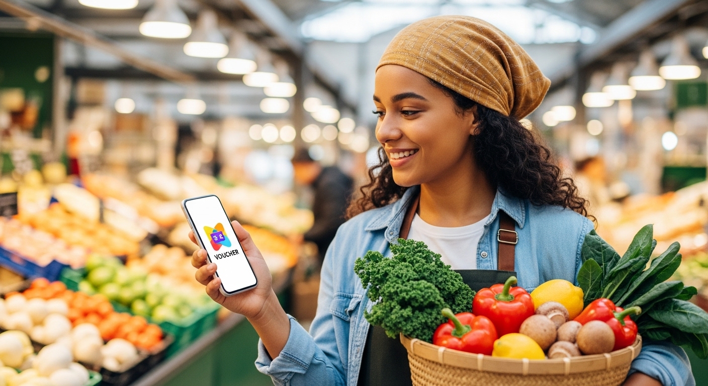스마트폰으로 농식품 바우처 앱을 확인하며 신선한 채소를 구매하는 밝은 표정의 청년.
