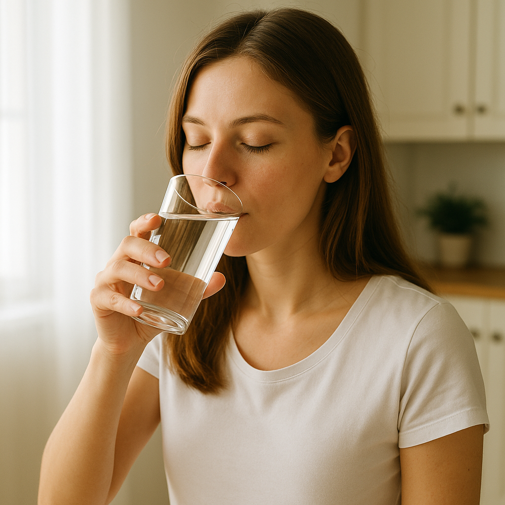 아침에 일어나 공복에 물마시는 여자
