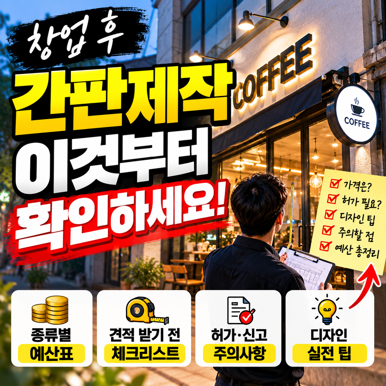 창업 후 간판 제작 전 예산과 견적, 허가 신고, 디자인 주의사항을 안내하는 대표이미지