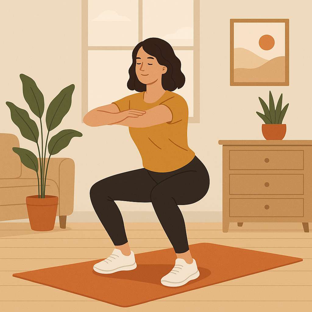 집에서 맨몸 운동 루틴을 실천하는 여성의 건강한 라이프스타일 모습