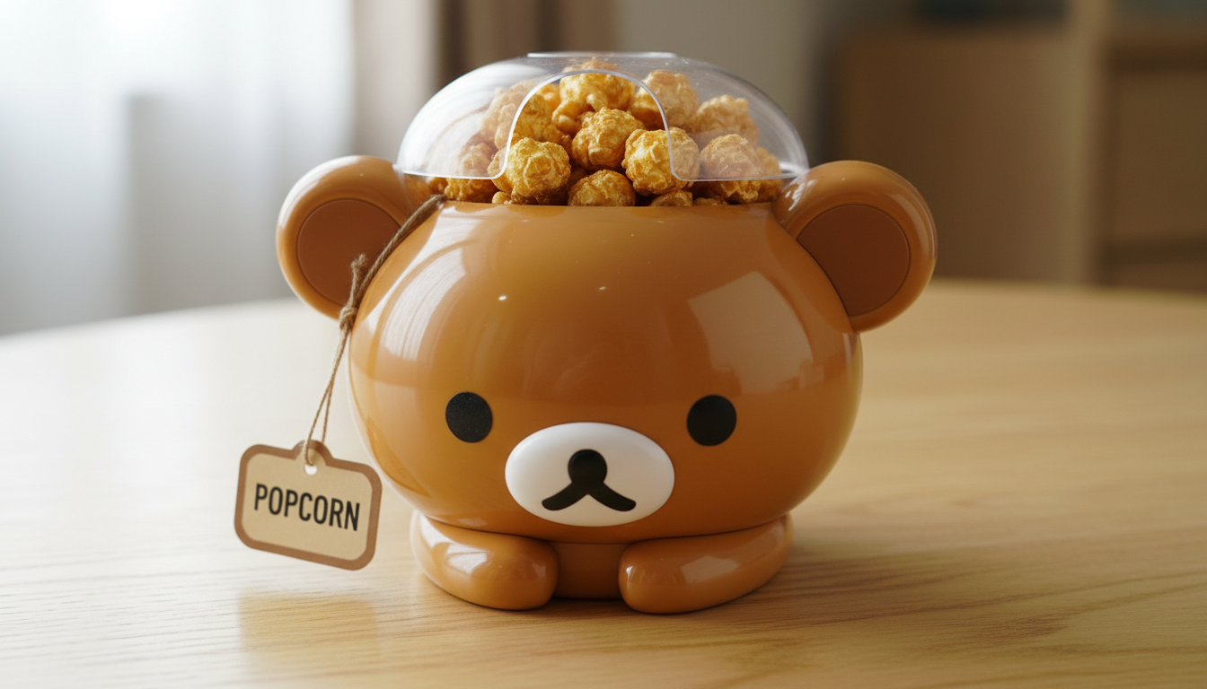 카라멜 팝콘이 가득 담긴 디테일한 리락쿠마 팝콘통 근접 사진