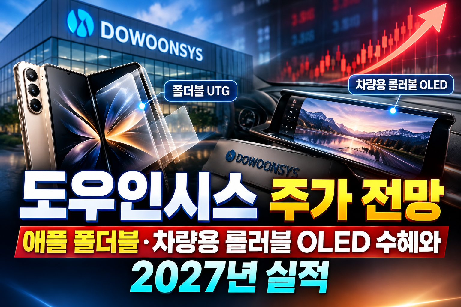 도우인시스 주가 전망 2027, 애플 폴더블폰용 UTG 공급 확대 기대와 차량용 롤러블 OLED 개발 및 실적 성장 가능성을 표현한 이미지