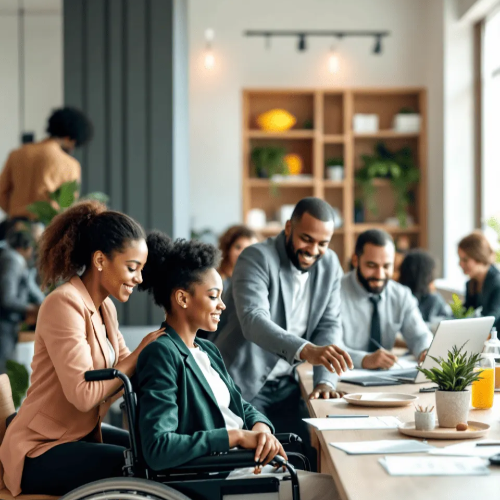 회사로-보이는-공간에서-장애인과-근로지원인으로-보이는-여성이-어깨를-다독거리고-있음