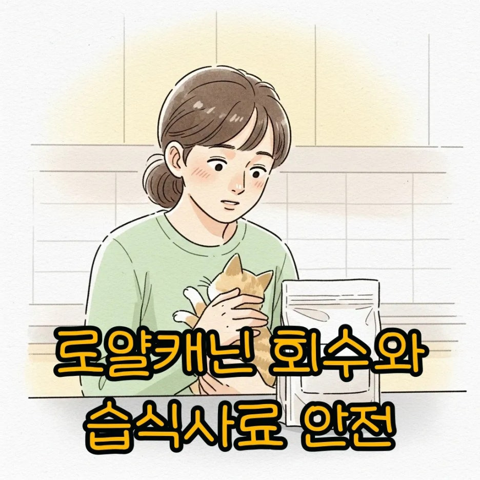 반려동물 사료를 확인하는 보호자와 반려동물