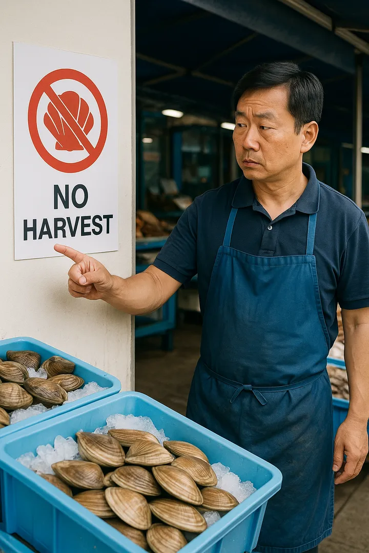 금어기 안내문을 가리키는 수산시장 상인